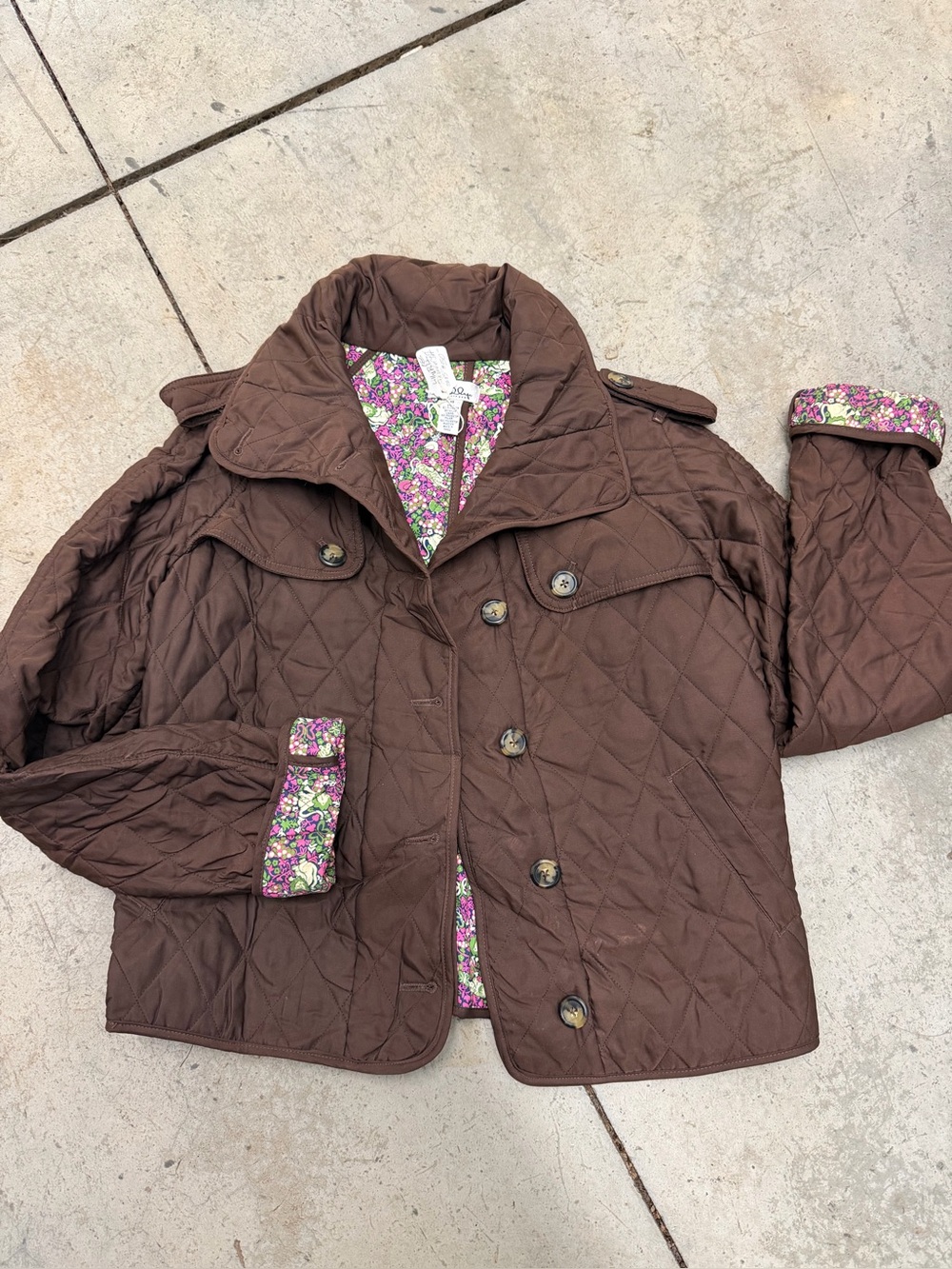 Vtg Lilly Pulitzer Quilted Brown Barn Jacket with Floral Lining Sz XS